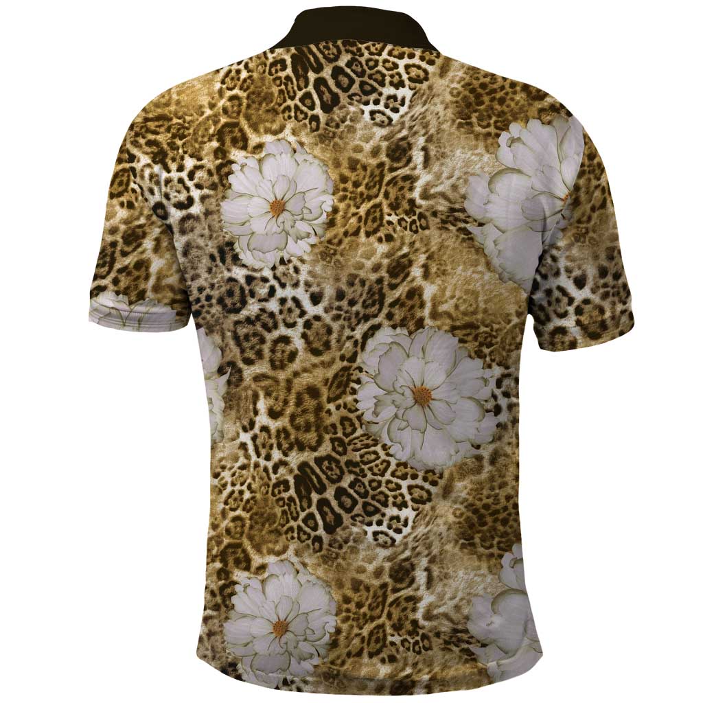 African Leopard Floral Pattern Polo Shirt Savannah Gold