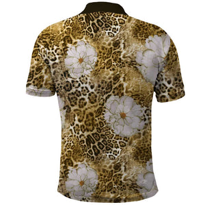 African Leopard Floral Pattern Polo Shirt Savannah Gold