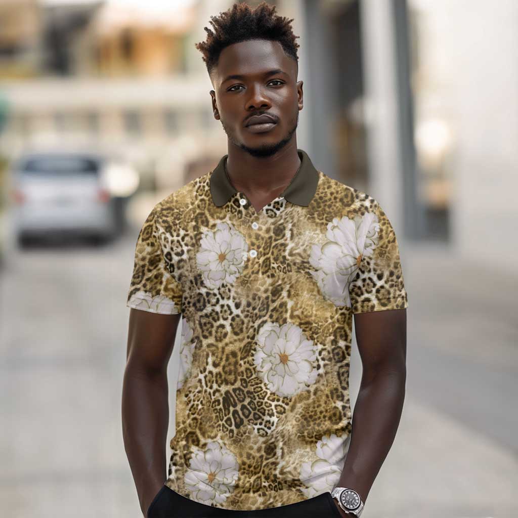 African Leopard Floral Pattern Polo Shirt Savannah Gold