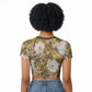 African Leopard Floral Pattern Raglan Cropped T shirt Savannah Gold
