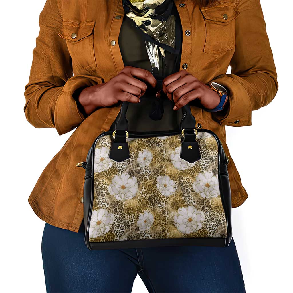African Leopard Floral Pattern Shoulder Handbag Savannah Gold