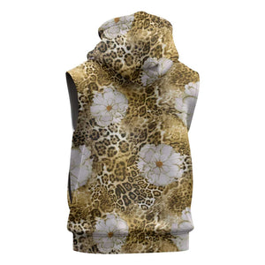 African Leopard Floral Pattern Sleeveless Hoodie Savannah Gold