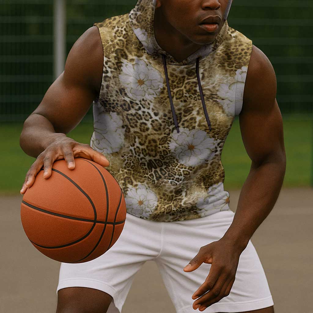 African Leopard Floral Pattern Sleeveless Hoodie Savannah Gold