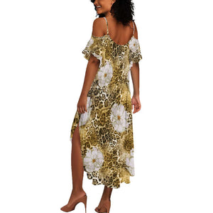 African Leopard Floral Pattern Summer Maxi Dress Savannah Gold