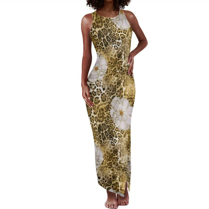 African Leopard Floral Pattern Tank Maxi Dress Savannah Gold