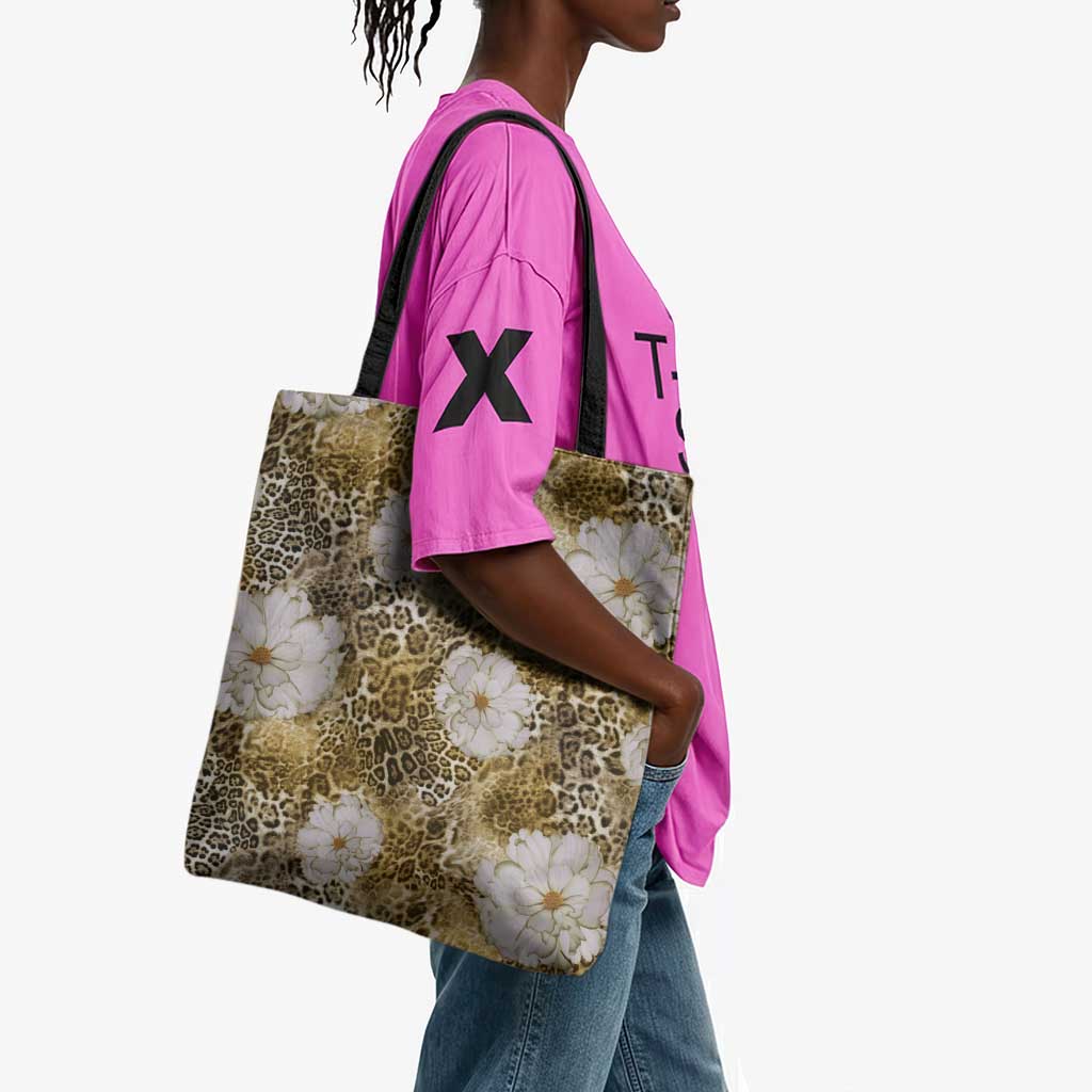 African Leopard Floral Pattern Tote Bag Savannah Gold