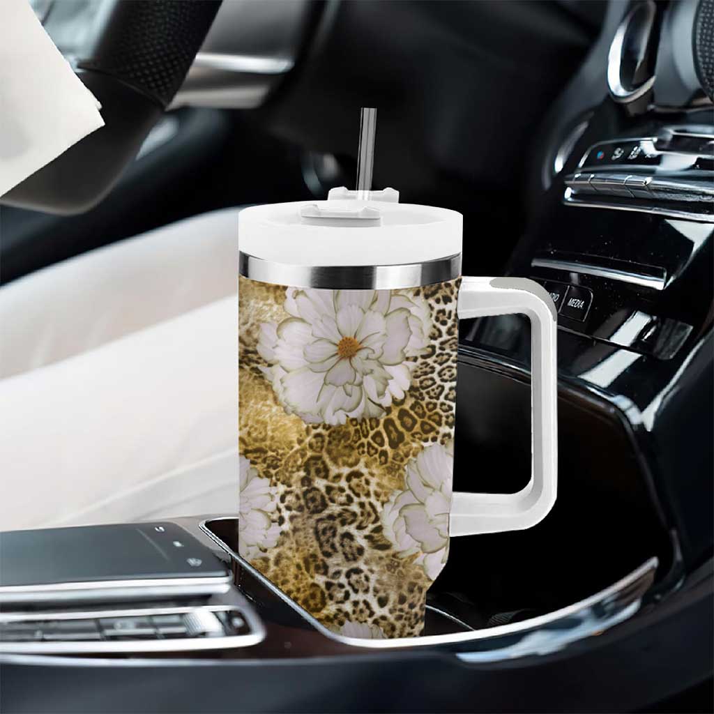 African Leopard Floral Pattern Tumbler With Handle Savannah Gold