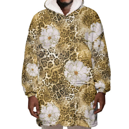 African Leopard Floral Pattern Wearable Blanket Hoodie Savannah Gold