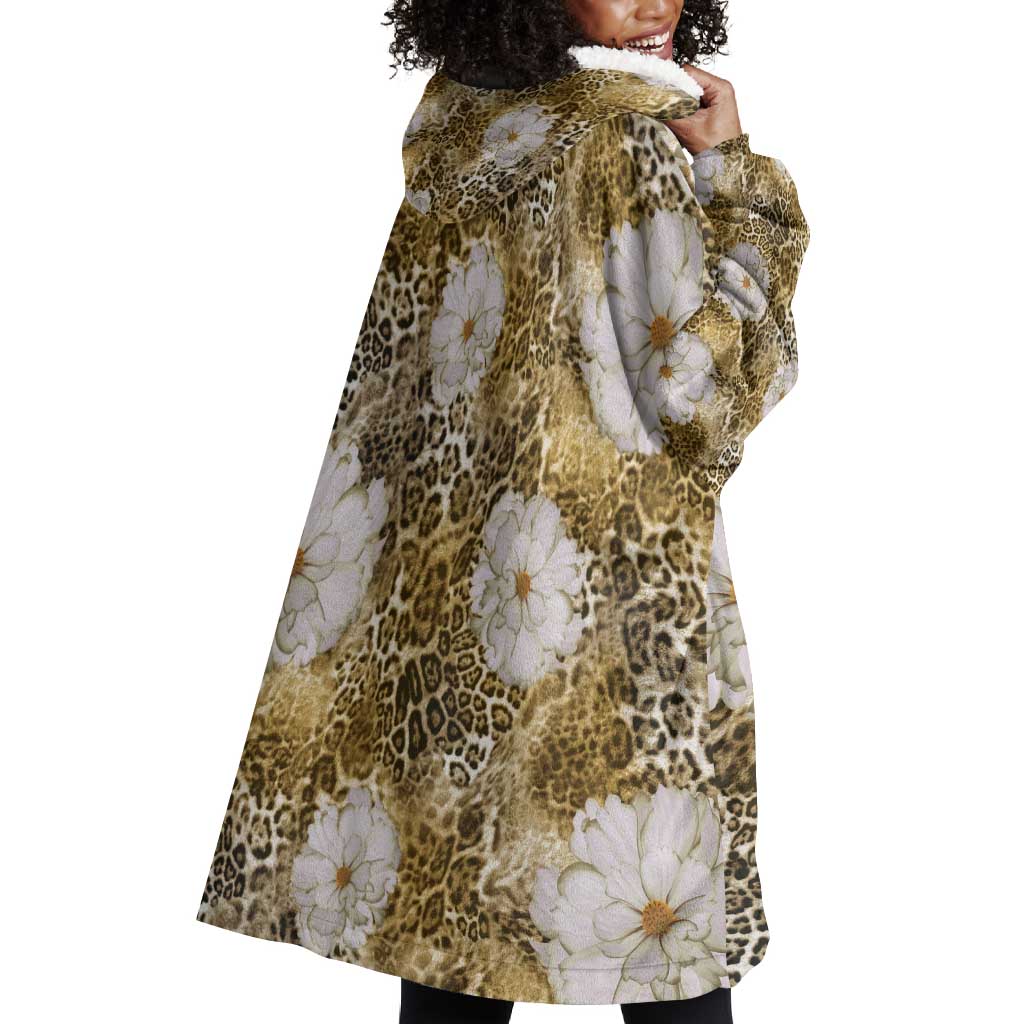 African Leopard Floral Pattern Wearable Blanket Hoodie Savannah Gold