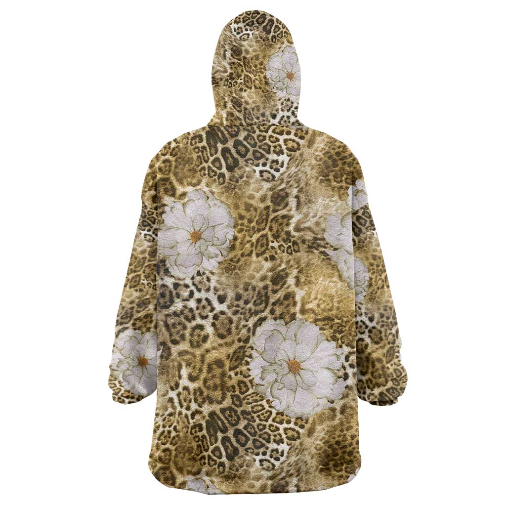African Leopard Floral Pattern Wearable Blanket Hoodie Savannah Gold