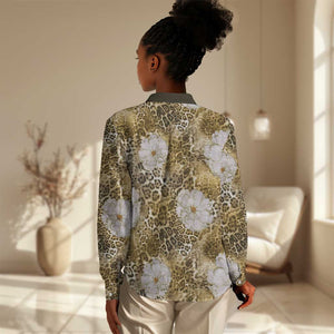 African Leopard Floral Pattern Women Casual Shirt Savannah Gold