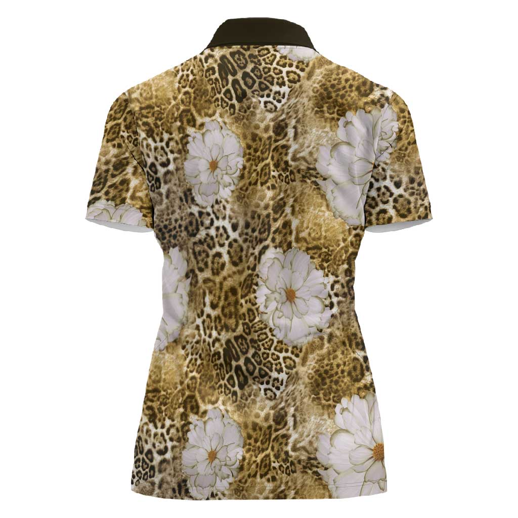 African Leopard Floral Pattern Women Polo Shirt Savannah Gold