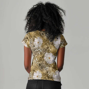 African Leopard Floral Pattern Women V-Neck T-Shirt Savannah Gold