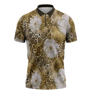 African Leopard Floral Pattern Zipper Polo Shirt Savannah Gold