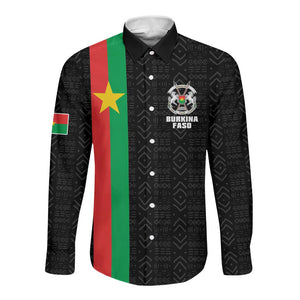Personalized Burkina Faso Long Sleeve Button Shirt Striped Black - Bogolan Pattern - African Pride