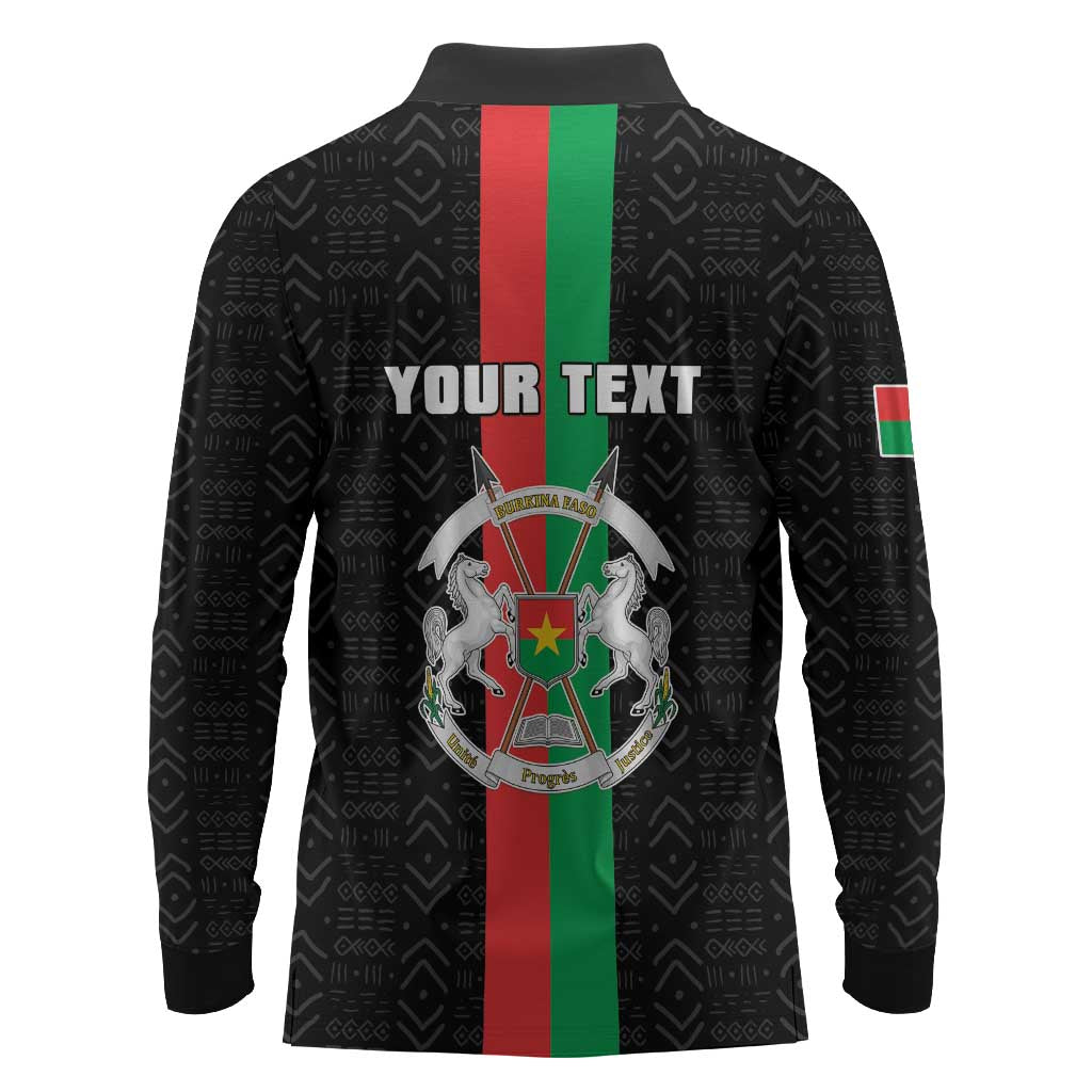 Personalized Burkina Faso Long Sleeve Polo Shirt Striped Black - Bogolan Pattern - African Pride