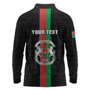 Personalized Burkina Faso Long Sleeve Polo Shirt Striped Black - Bogolan Pattern - African Pride