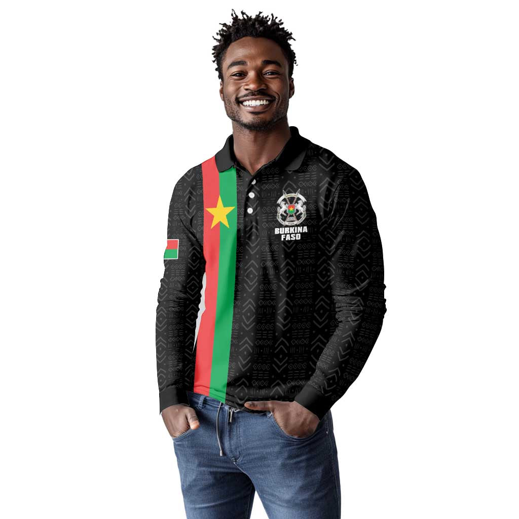 Personalized Burkina Faso Long Sleeve Polo Shirt Striped Black - Bogolan Pattern - African Pride