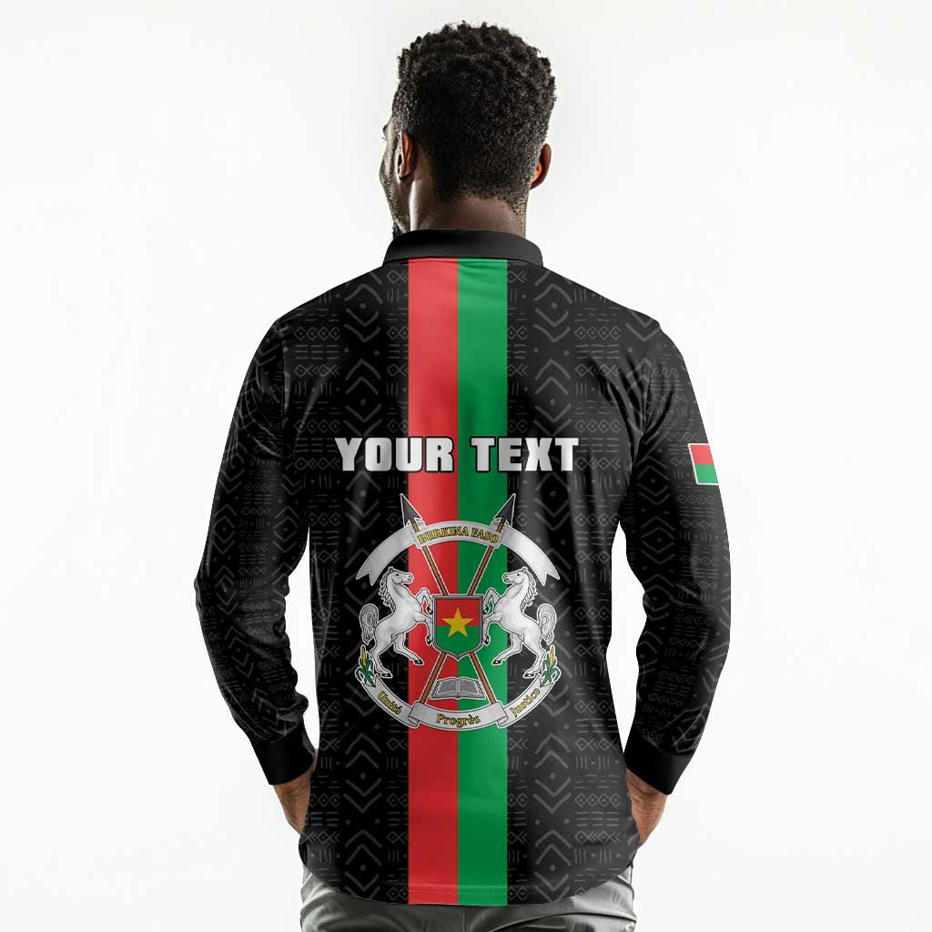 Personalized Burkina Faso Long Sleeve Polo Shirt Striped Black - Bogolan Pattern - African Pride
