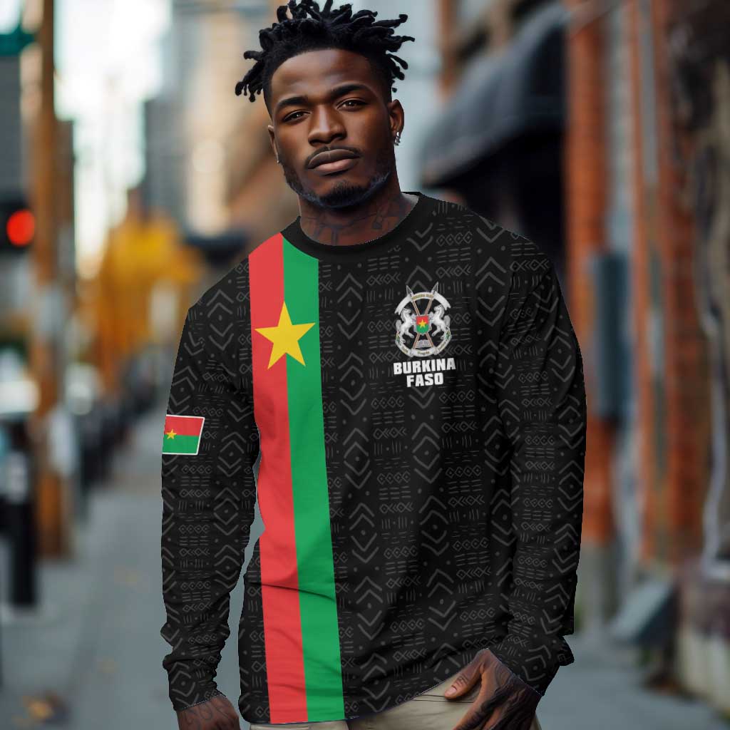 Personalized Burkina Faso Long Sleeve Shirt Striped Black - Bogolan Pattern - African Pride