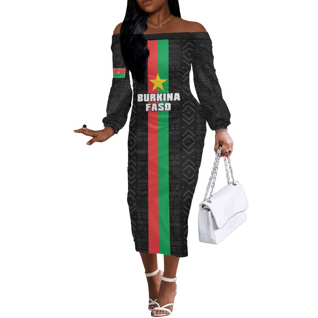 Personalized Burkina Faso Off The Shoulder Long Sleeve Dress Striped Black - Bogolan Pattern - African Pride