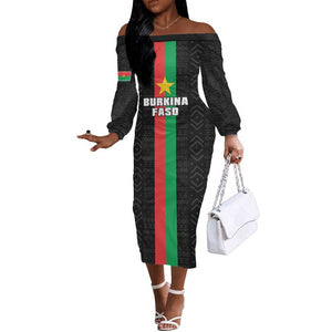 Personalized Burkina Faso Off The Shoulder Long Sleeve Dress Striped Black - Bogolan Pattern - African Pride