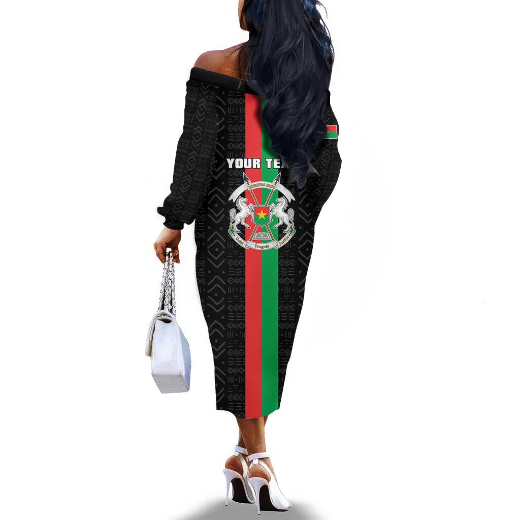 Personalized Burkina Faso Off The Shoulder Long Sleeve Dress Striped Black - Bogolan Pattern - African Pride