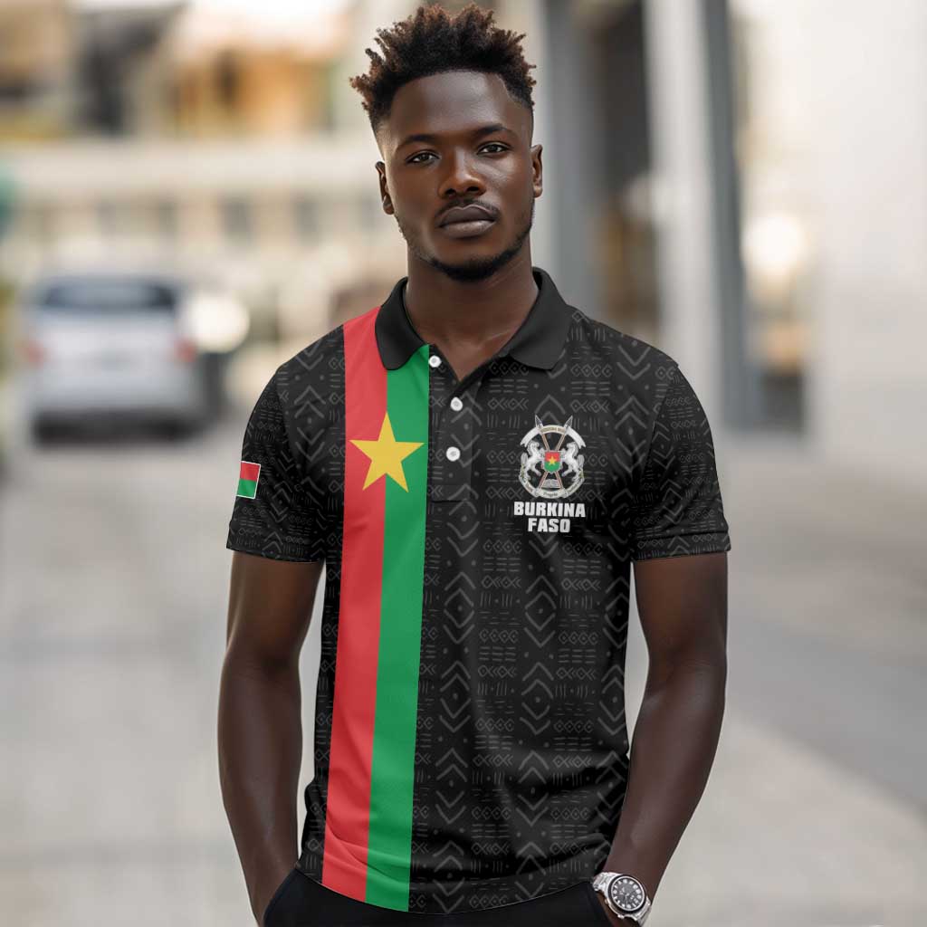 Personalized Burkina Faso Polo Shirt Striped Black - Bogolan Pattern - African Pride