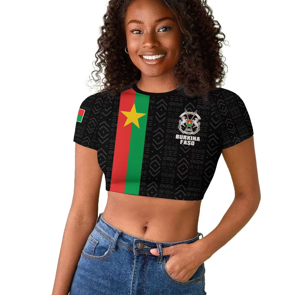 Personalized Burkina Faso Raglan Cropped T shirt Striped Black - Bogolan Pattern - African Pride