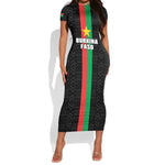 Personalized Burkina Faso Short Sleeve Bodycon Dress Striped Black - Bogolan Pattern - African Pride