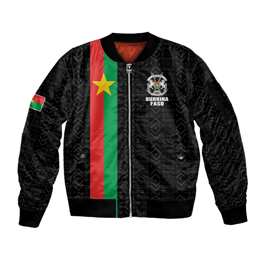 Personalized Burkina Faso Sleeve Zip Bomber Jacket Striped Black - Bogolan Pattern - African Pride
