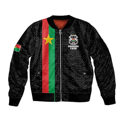 Personalized Burkina Faso Sleeve Zip Bomber Jacket Striped Black - Bogolan Pattern - African Pride