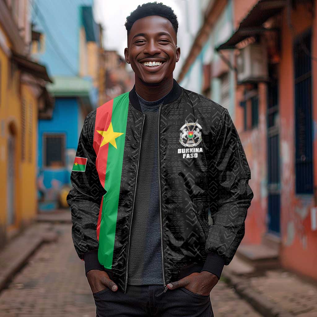 Personalized Burkina Faso Sleeve Zip Bomber Jacket Striped Black - Bogolan Pattern - African Pride