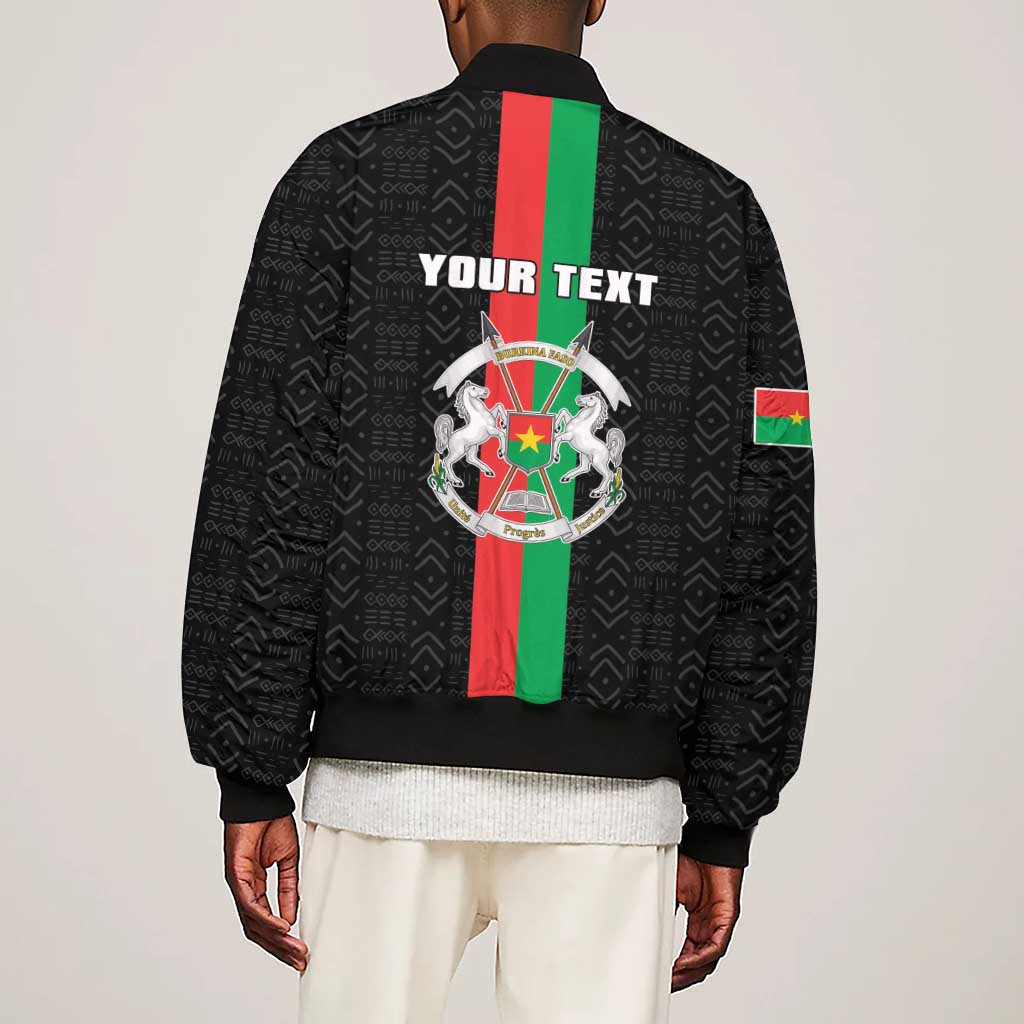 Personalized Burkina Faso Sleeve Zip Bomber Jacket Striped Black - Bogolan Pattern - African Pride