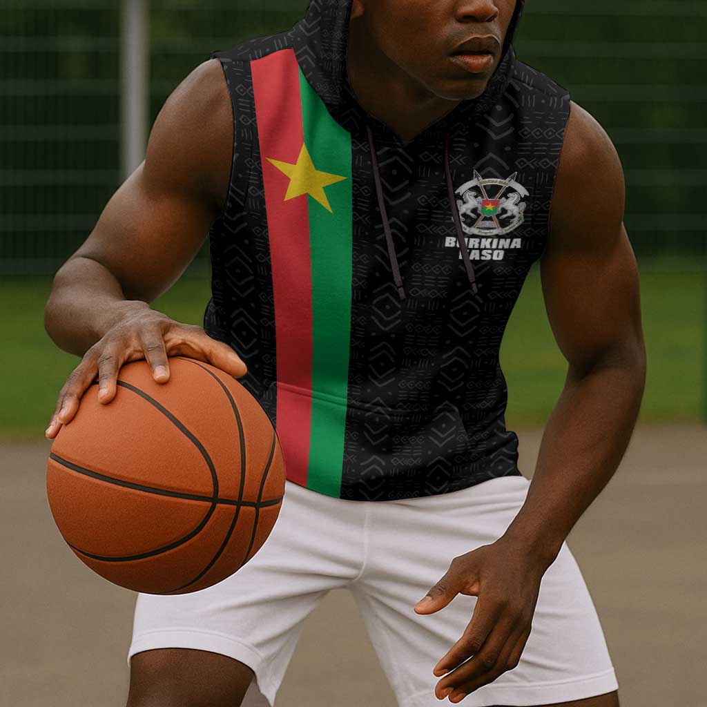 Personalized Burkina Faso Sleeveless Hoodie Striped Black - Bogolan Pattern - African Pride