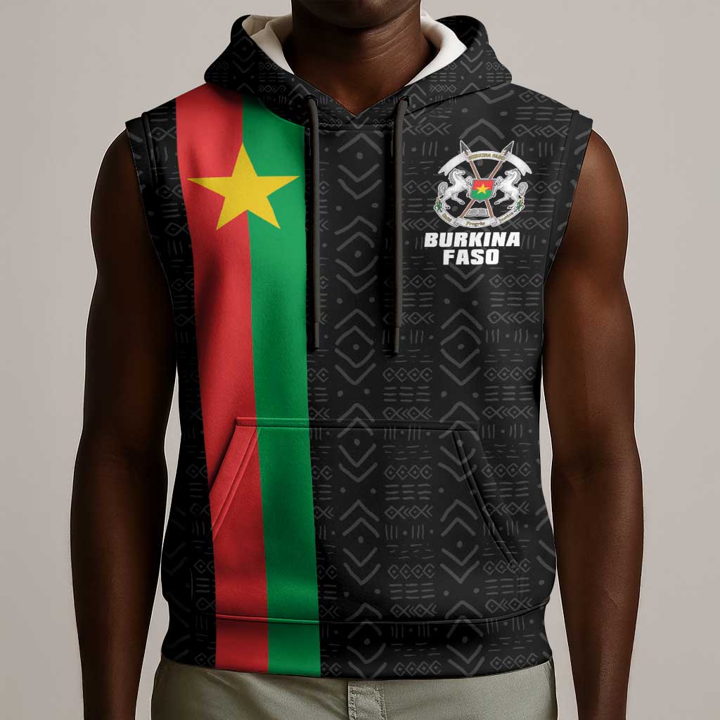 Personalized Burkina Faso Sleeveless Hoodie Striped Black - Bogolan Pattern - African Pride