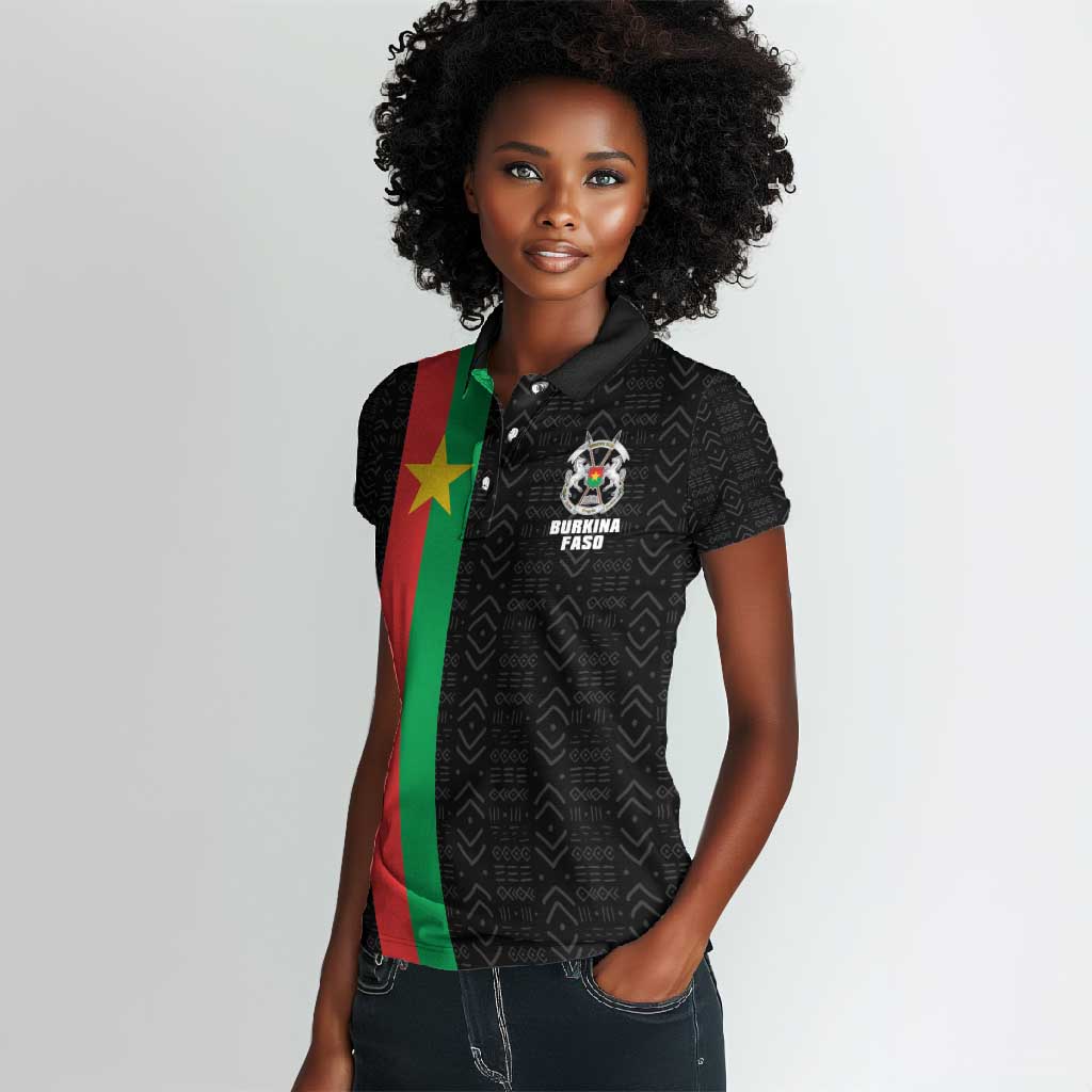 Personalized Burkina Faso Women Polo Shirt Striped Black - Bogolan Pattern - African Pride
