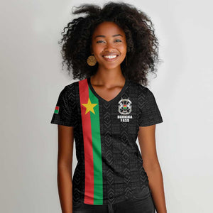 Personalized Burkina Faso Women V-Neck T-Shirt Striped Black - Bogolan Pattern - African Pride