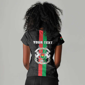 Personalized Burkina Faso Women V-Neck T-Shirt Striped Black - Bogolan Pattern - African Pride