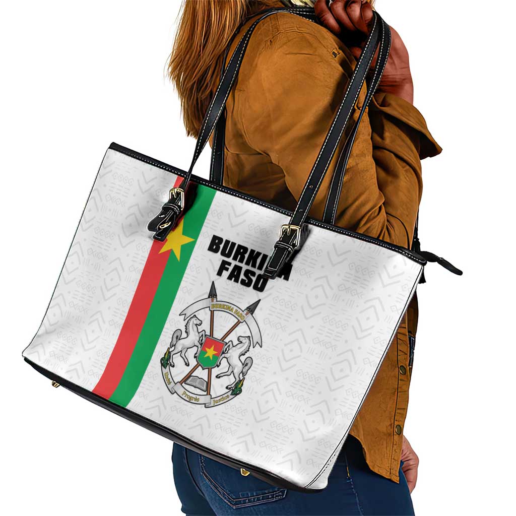 Burkina Faso Leather Tote Bag Striped White - Bogolan Pattern - African Pride