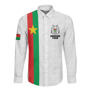 Personalized Burkina Faso Long Sleeve Button Shirt Striped White - Bogolan Pattern - African Pride