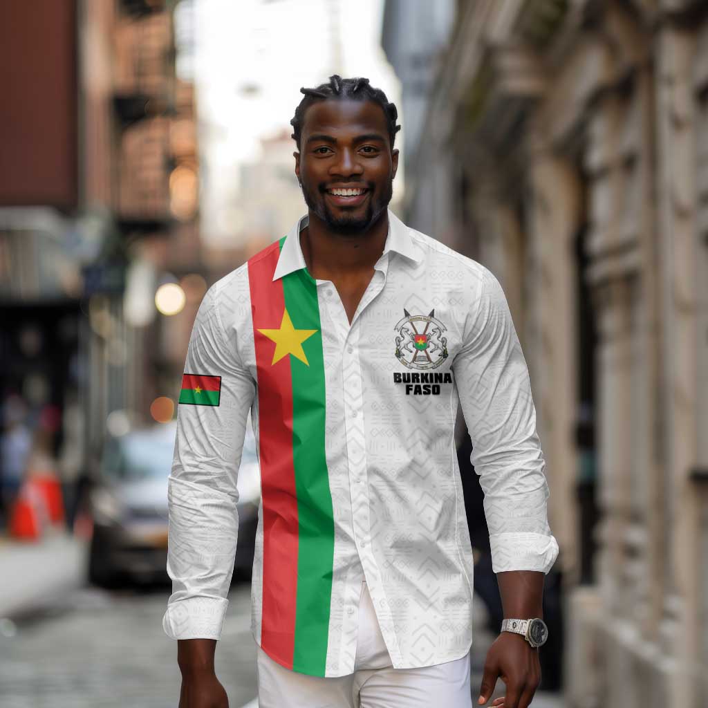 Personalized Burkina Faso Long Sleeve Button Shirt Striped White - Bogolan Pattern - African Pride