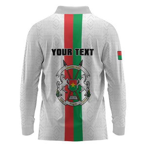 Personalized Burkina Faso Long Sleeve Polo Shirt Striped White - Bogolan Pattern - African Pride