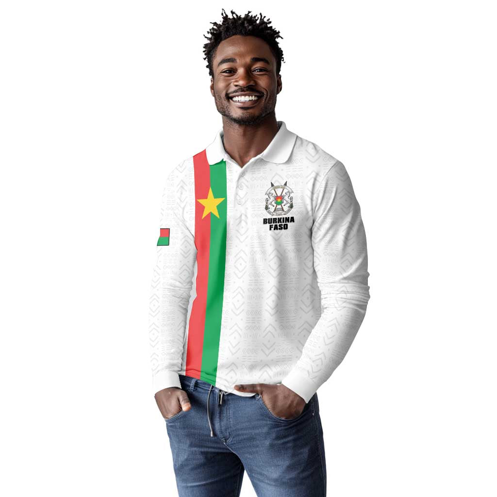 Personalized Burkina Faso Long Sleeve Polo Shirt Striped White - Bogolan Pattern - African Pride