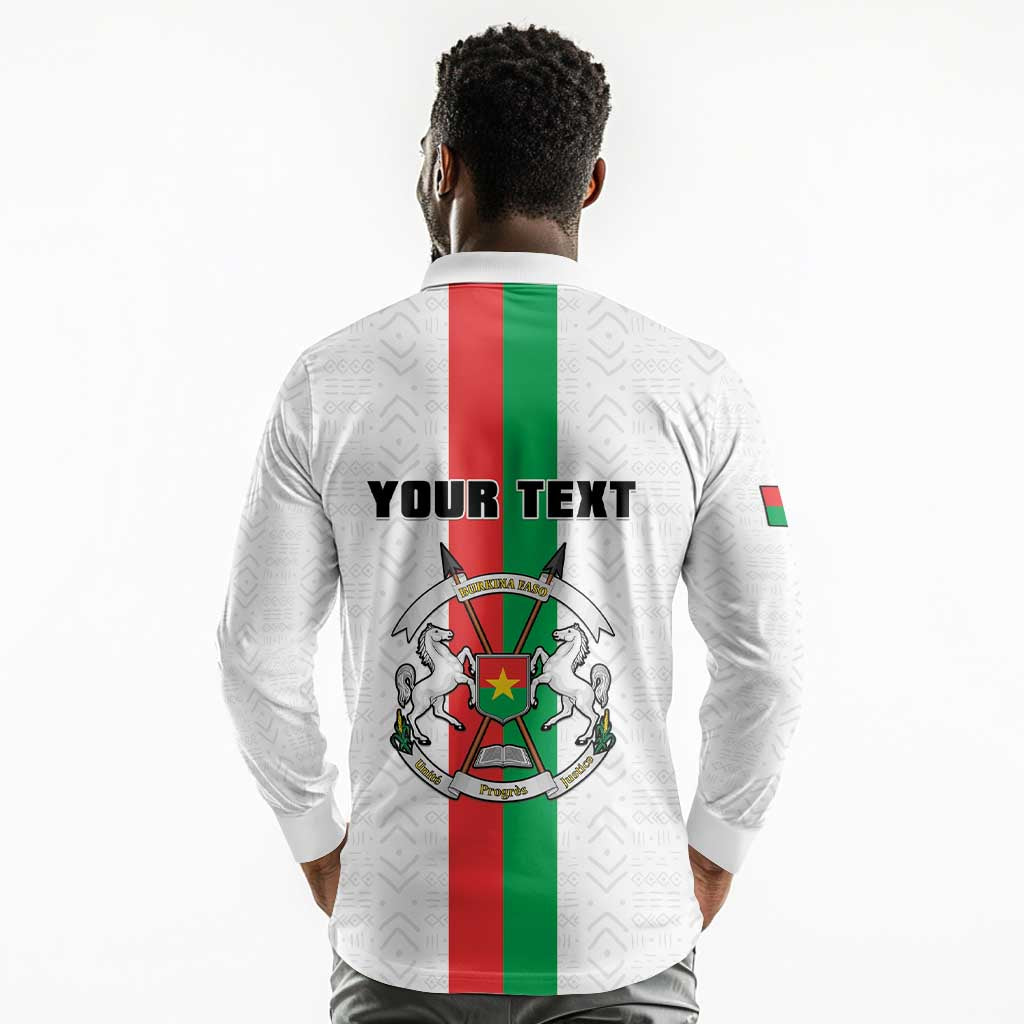 Personalized Burkina Faso Long Sleeve Polo Shirt Striped White - Bogolan Pattern - African Pride