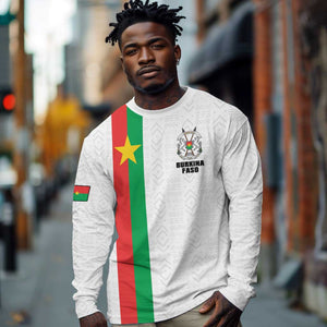 Personalized Burkina Faso Long Sleeve Shirt Striped White - Bogolan Pattern - African Pride