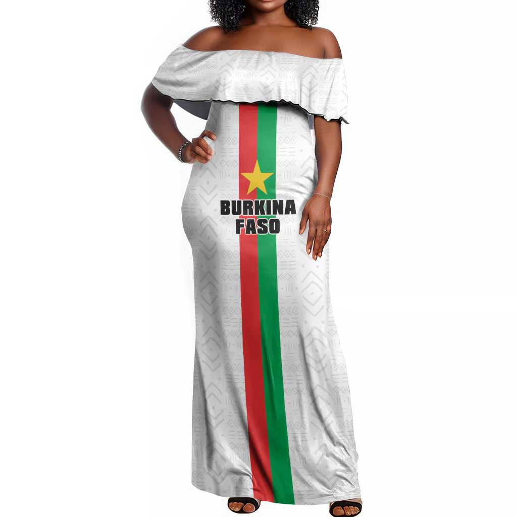 Personalized Burkina Faso Off Shoulder Maxi Dress Striped White - Bogolan Pattern - African Pride