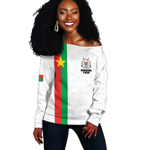 Personalized Burkina Faso Off Shoulder Sweater Striped White - Bogolan Pattern - African Pride