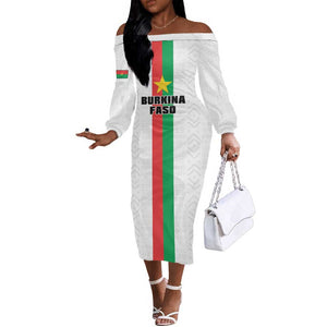 Personalized Burkina Faso Off The Shoulder Long Sleeve Dress Striped White - Bogolan Pattern - African Pride