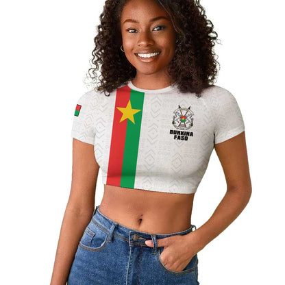 Personalized Burkina Faso Raglan Cropped T shirt Striped White - Bogolan Pattern - African Pride